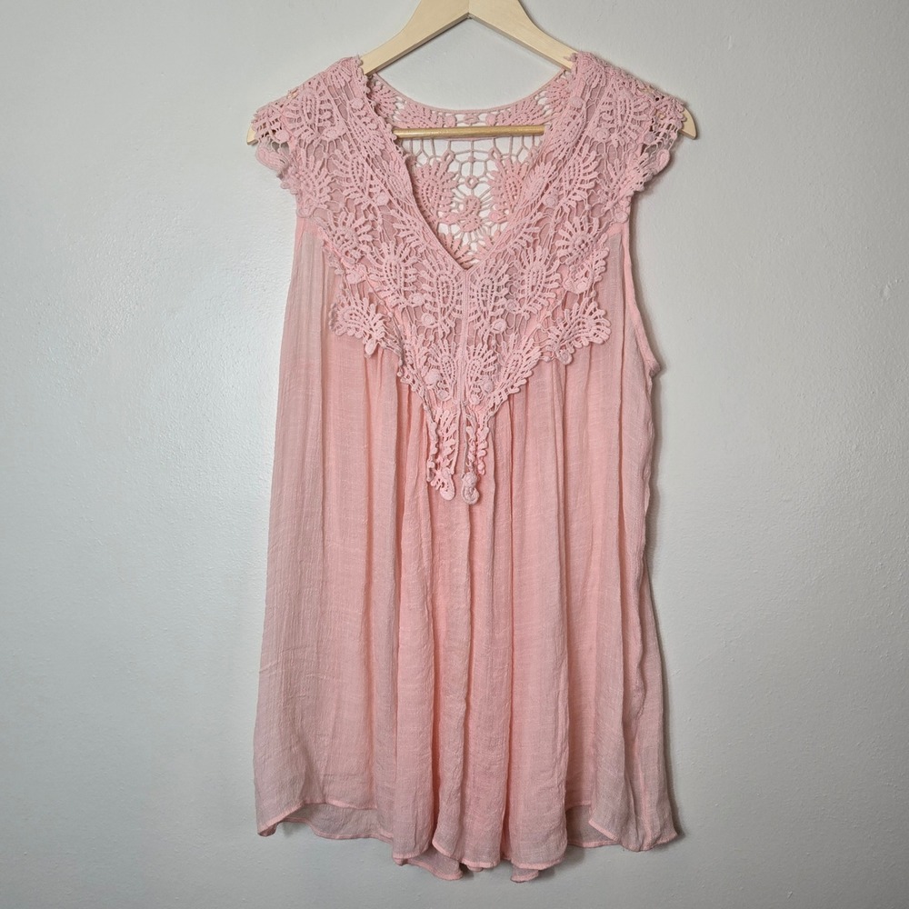 Filly Flair Pink Crochet Lace V-Neck Gauze‎ Sleeveless Flowy Blouse Top Large